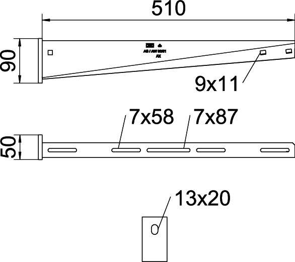 Teknisk ritning av en metallhållare med dimensioner: 510 mm längd, 90 mm höjd, 50 mm djup. Hål: 9x11, 7x58, 7x87, 13x20.