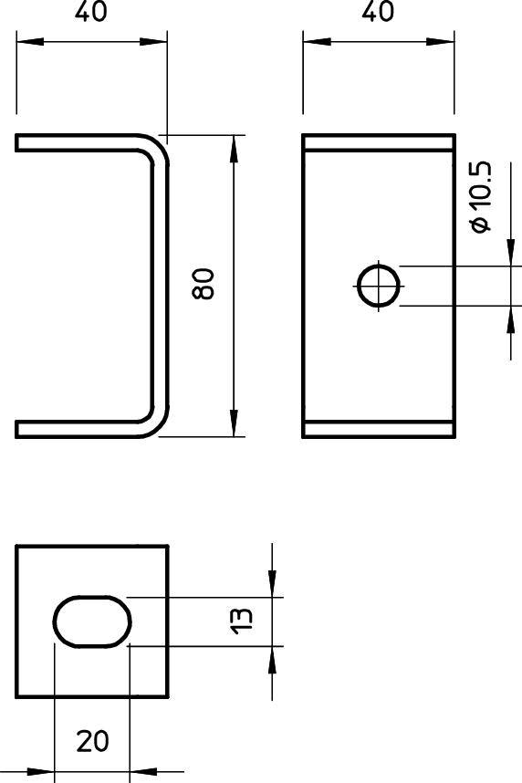 Teknisk ritning av en metallvinkel med dimensioner: höjd 80 mm, bredd 40 mm, håldiameter 10,5 mm, hålavstånd 20 mm och 13 mm från underkanten.