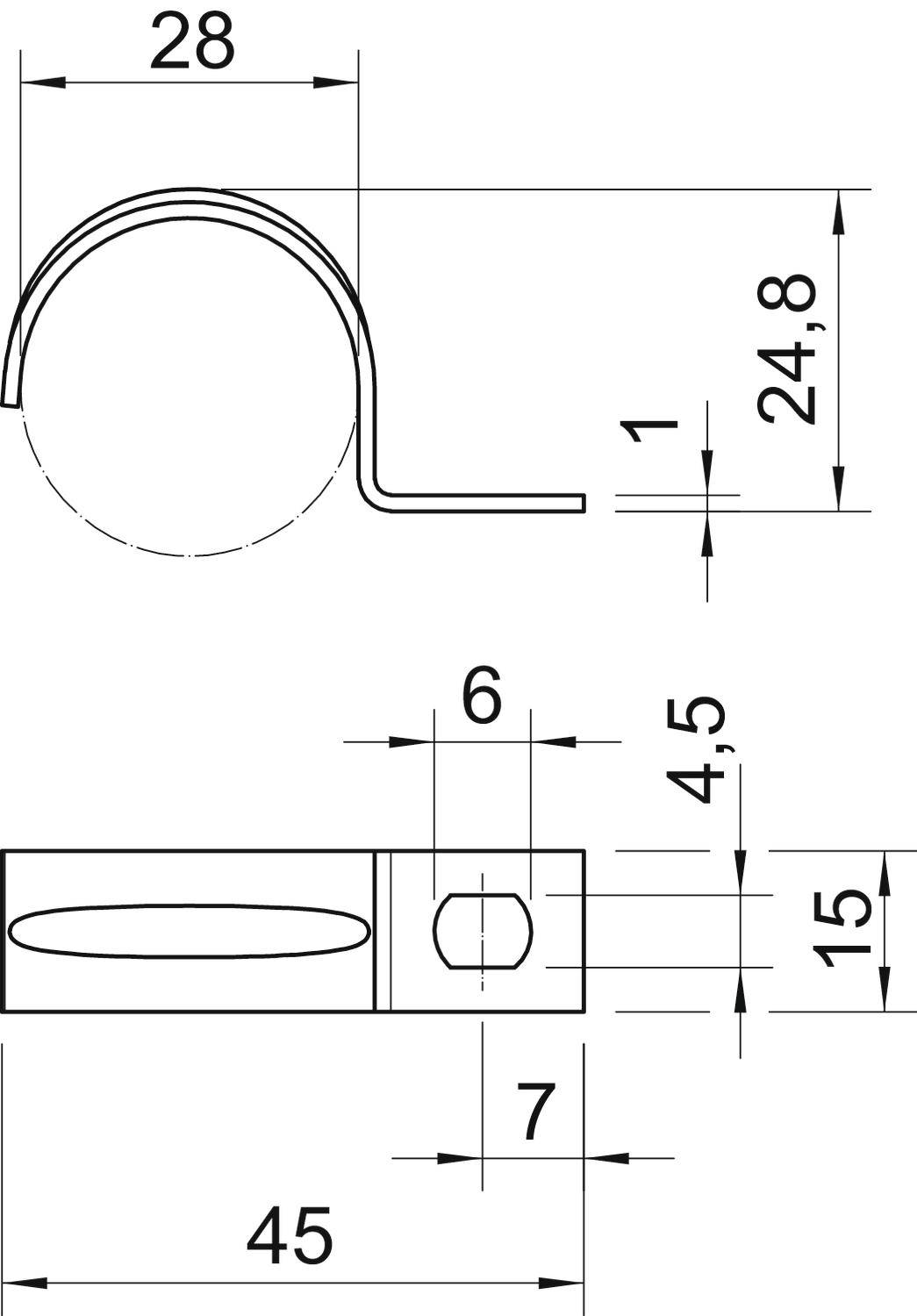 Skiss av ett rörhållarfäste: Sidovy visar mått 28 mm diameter, 24,8 mm höjd. Ovanifrån med 45 mm längd, 15 mm bredd.