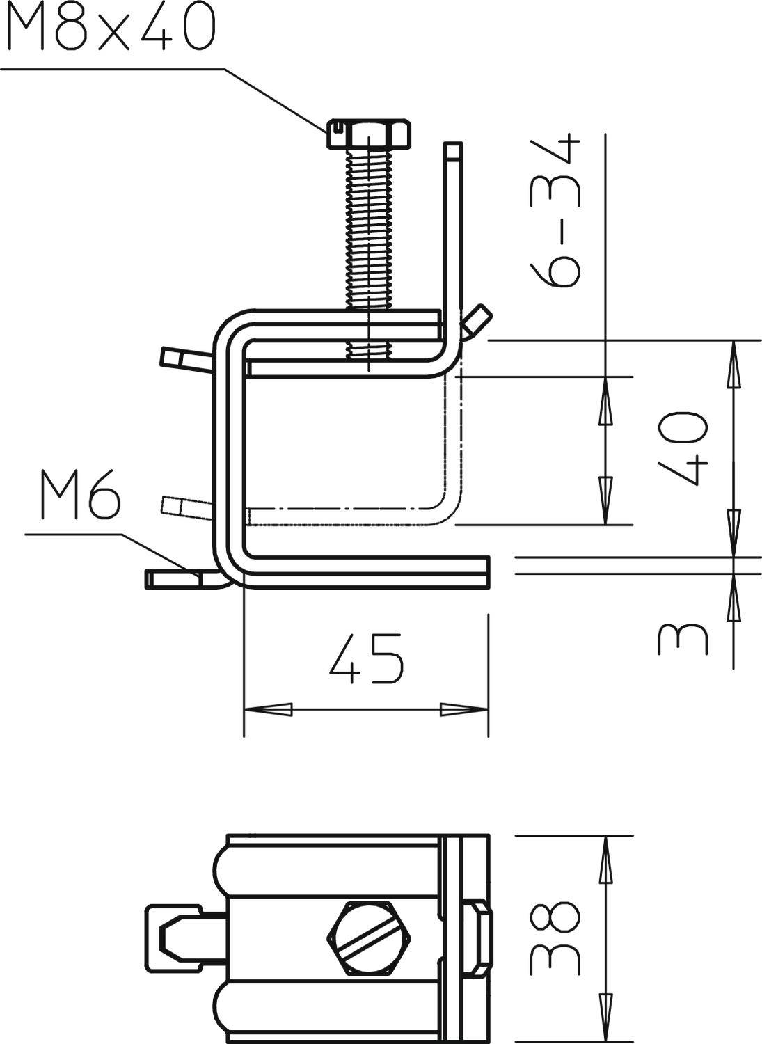 Teknisk ritning av ett U-fäste med skruvdimensioner M8x40 och M6. Total höjd 40 mm, bredd 45 mm, justerbar 6-34 mm.