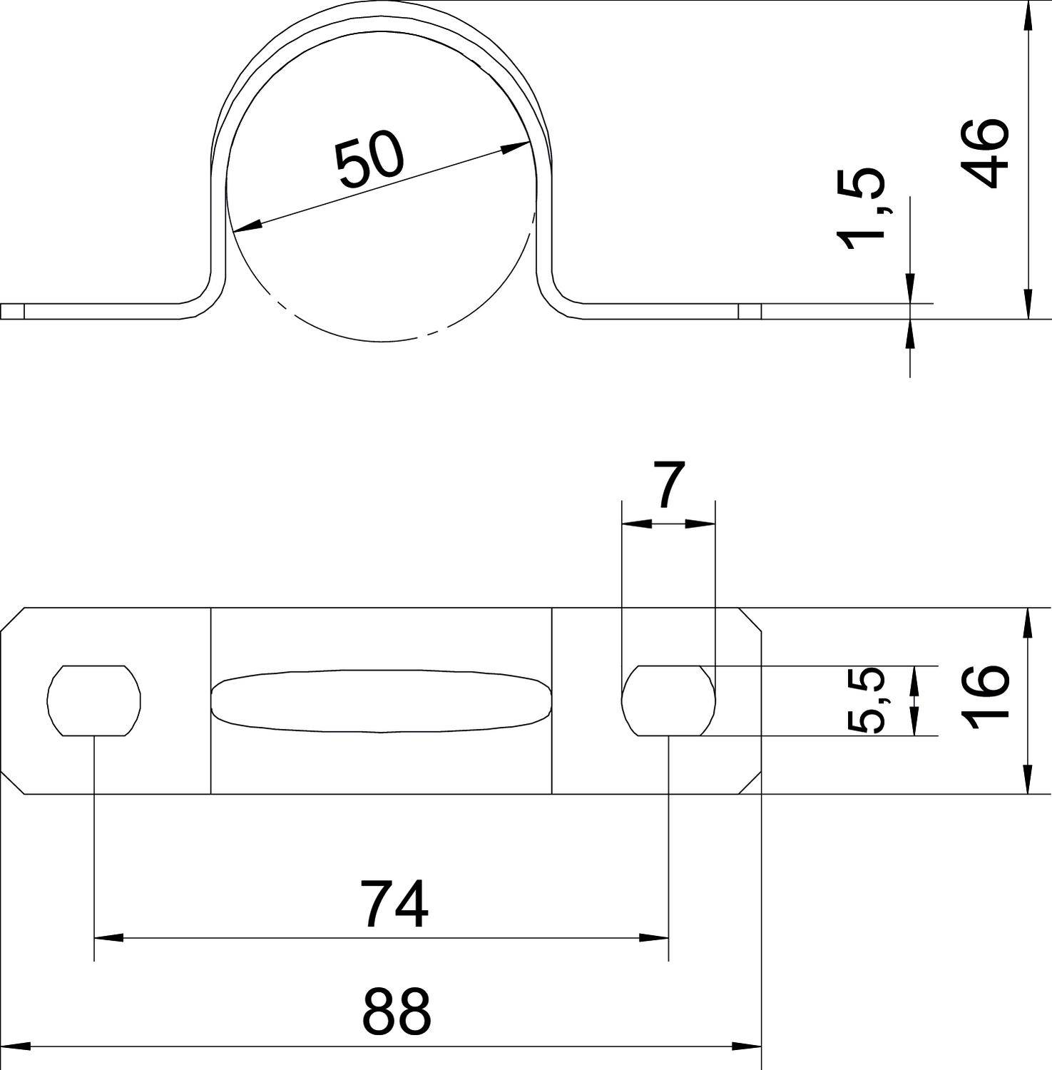 Teknisk teckning av en metallklämma: Ovanför rundprofil med diameter 50, höjd 46. Nedanför basplatta: längd 88, bredd 16, hålmellanrum markerade.
