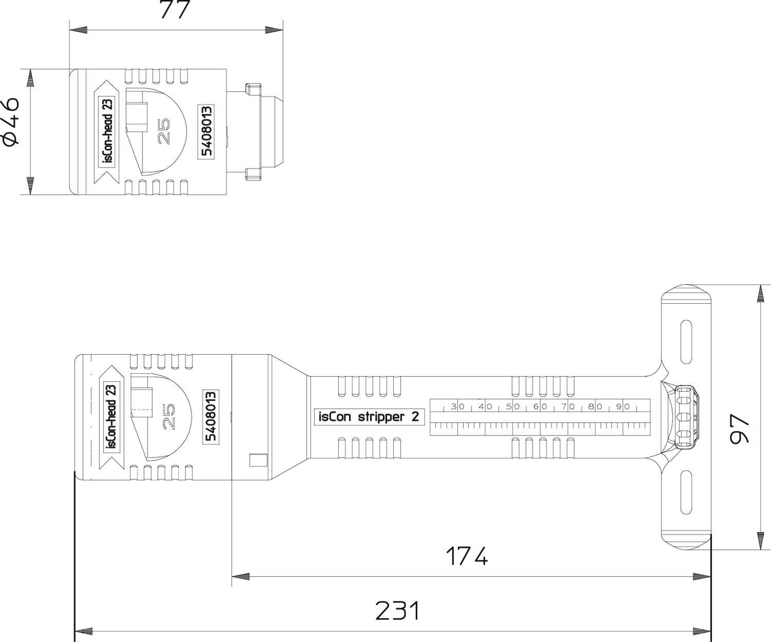 Teknisk ritning av en kabelavstripningsapparat med dimensioner: Totallängd 231 mm, bredd överst 77 mm, huvudbredd 46 mm, höjd 97 mm.