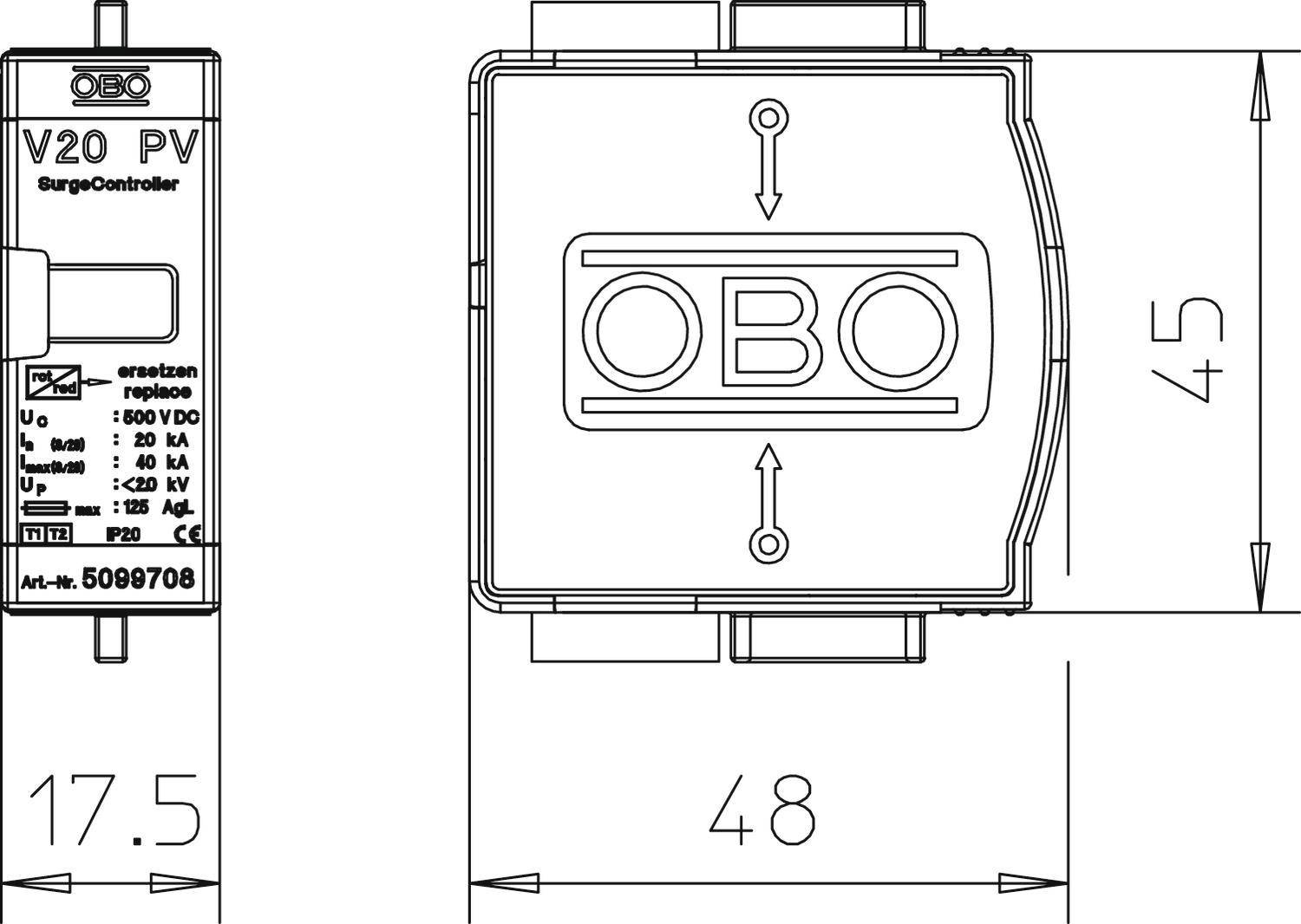 Teckning av en överspänningsskyddsanordning med dimensioner: 17,5 mm x 45 mm x 48 mm. Märkningar: OBO, V20 PV, Art.-nr. 5098708.