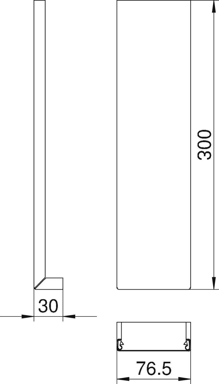 Teknisk ritning av en rektangulär komponent med måtten 300 mm höjd, 76,5 mm bredd, 30 mm djup.