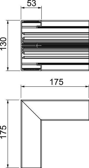 Teknisk ritning av en rektangulär komponent med måtten 130x53 mm ovanför; L-formigt avsnitt med 175 mm sidor därunder.