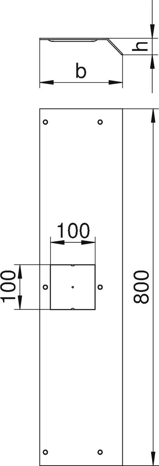 Teknisk ritning av en rektangulär metallplåt, 800 mm hög, med en 100 mm bred och hög urtag och hål i hörnen.