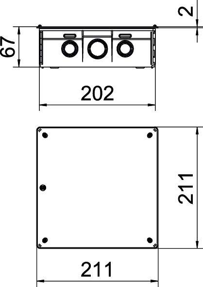 Teknisk ritning av ett kvadratiskt hölje med mått: bredd 202 mm, höjd 67 mm, djup 211 mm. Ovanifrån visas borrhål.