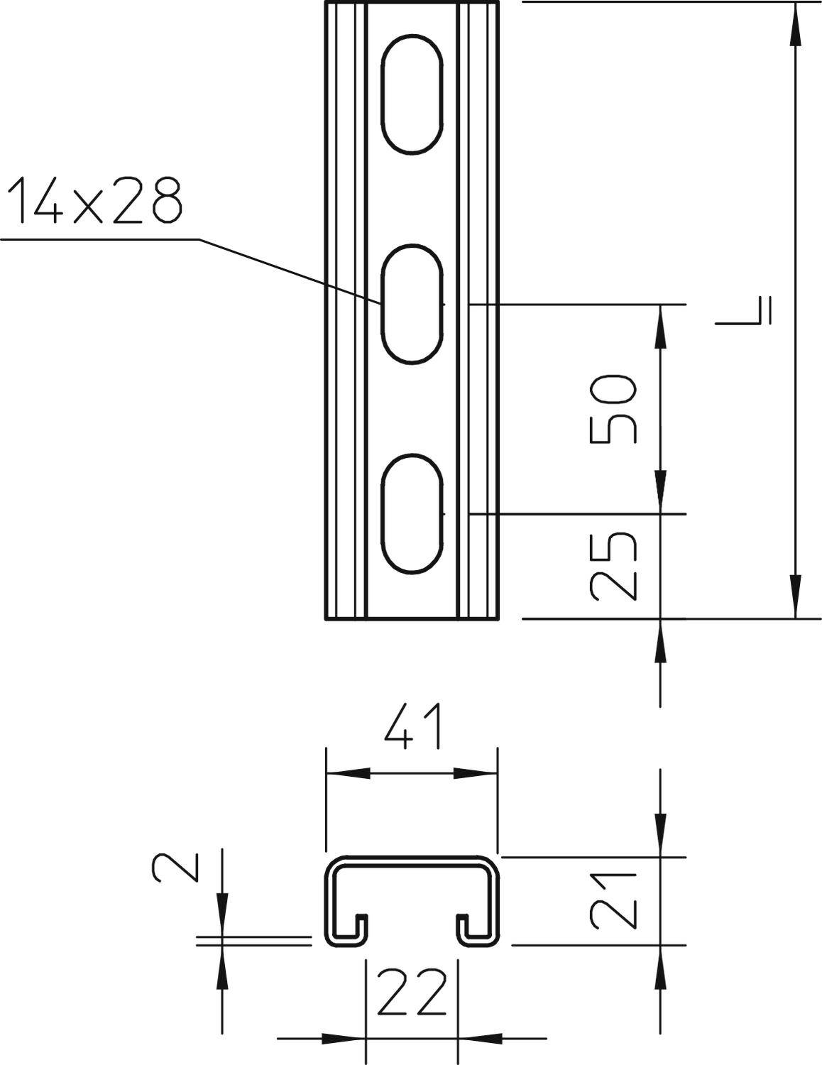 Teknisk ritning av en U-profil med mått: 41 mm bredd, 22 mm innermått, 21 mm höjd, hålstorlek 14x28 mm.