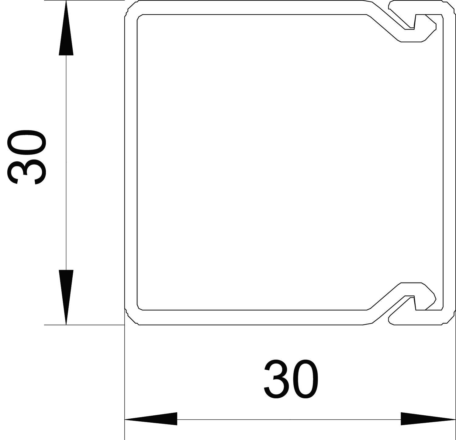 Teknisk teckning av en kvadratisk profil med dimensionerna 30x30 mm och en specifik kontur.