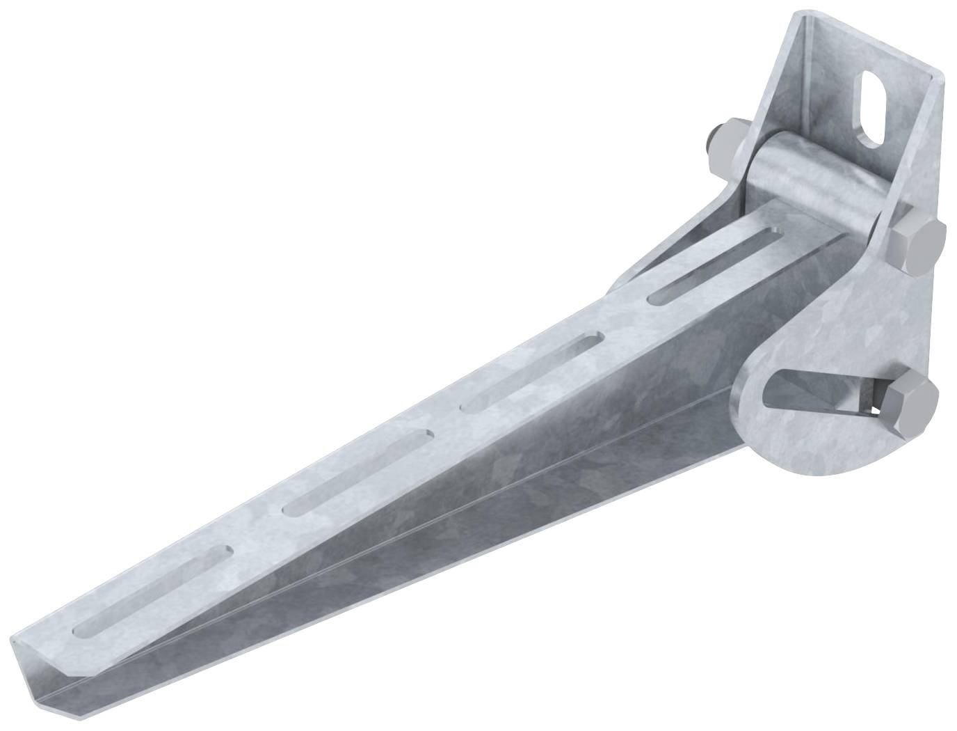Metallisk vinkelbalkar med flera fästhål och skruvförbindningar, lämplig för strukturella tillämpningar.