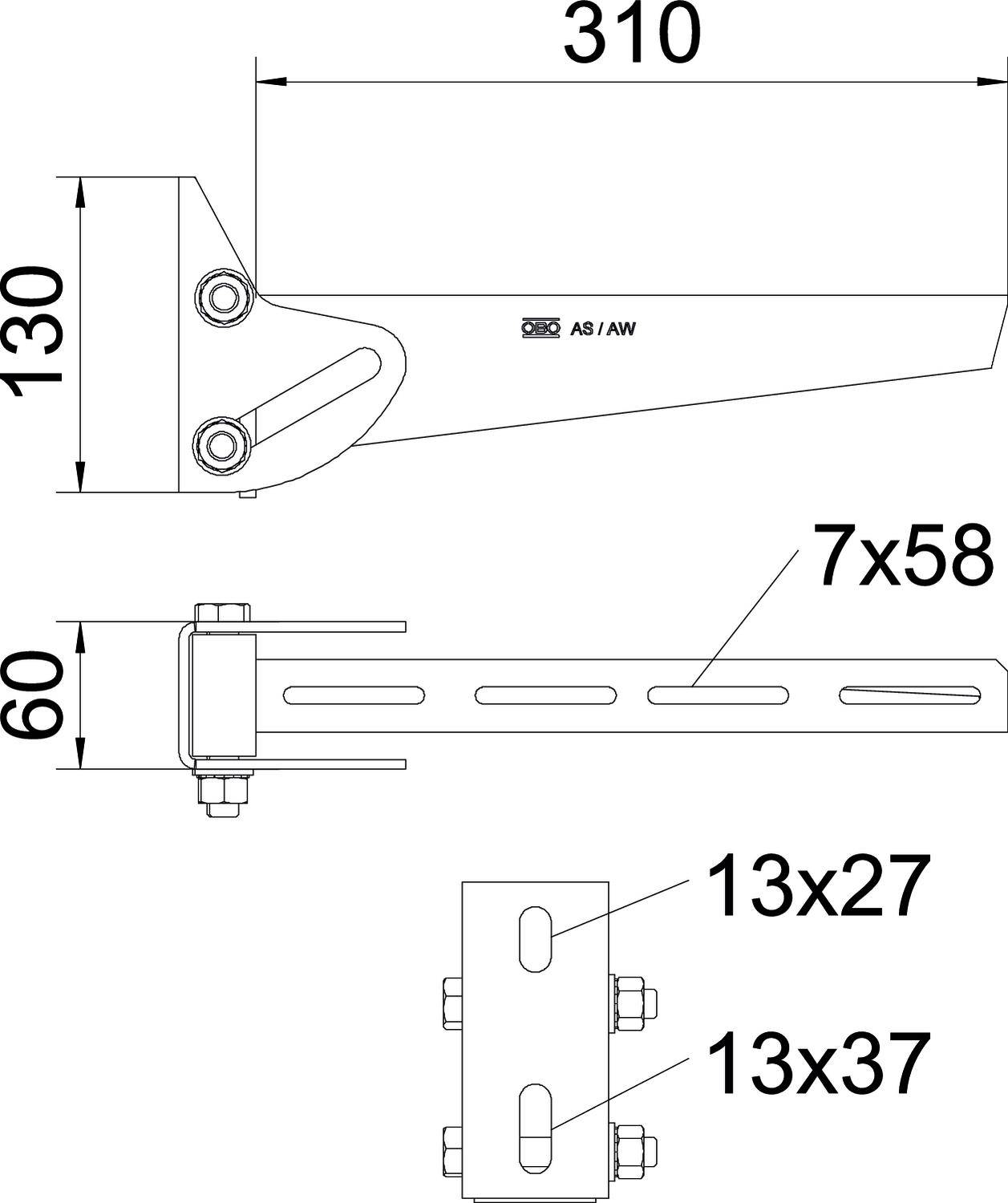 Teknisk ritning av ett fäste med mått: 310 mm långt, 130 mm högt, 60 mm djupt. Skruvhål: 7x58 mm, 13x27 mm, 13x37 mm.