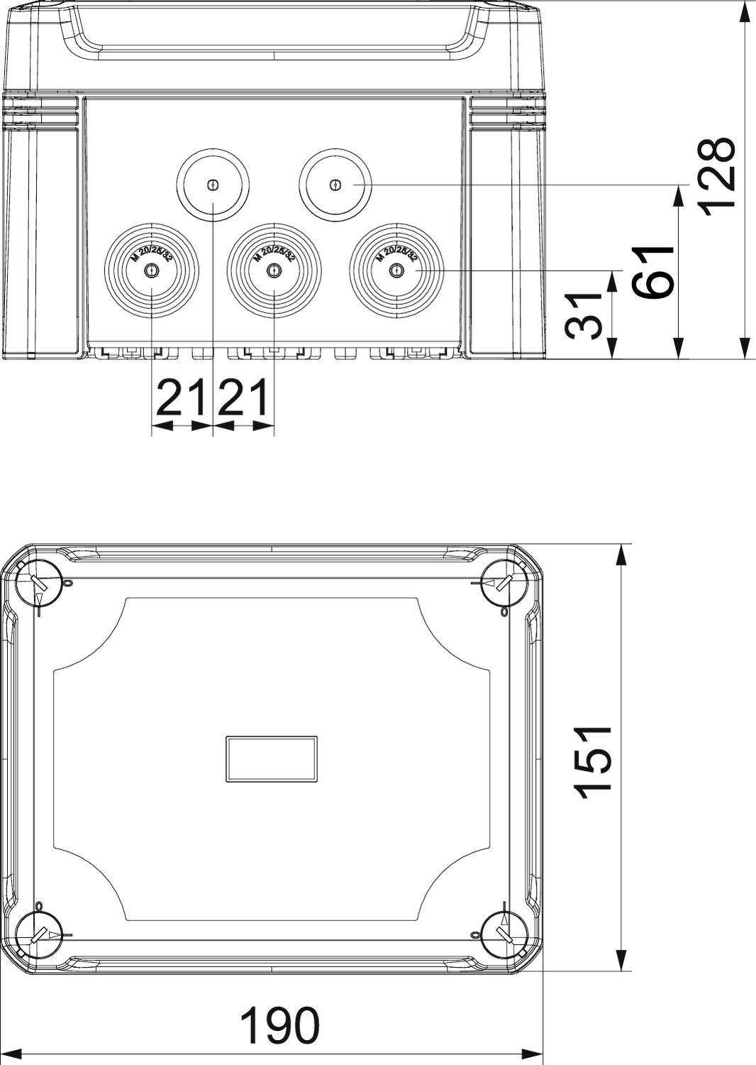Teknisk ritning av ett rektangulärt hölje med mått: 212 x 128 x 61 mm sett framifrån, 190 x 151 mm sett ovanifrån.