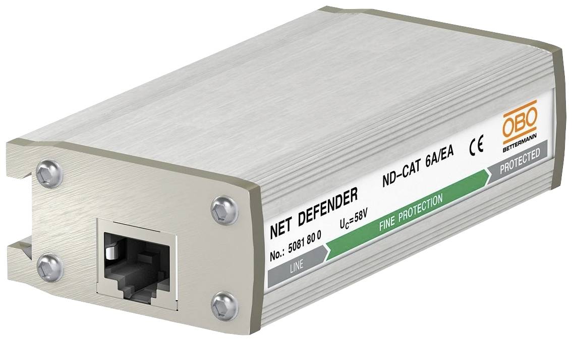 Silverfärgad nätverksskyddsenhet 'NET DEFENDER' från OBO Bettermann. Med RJ45-anslutning, märkt för fin- och enhetsskyddsapplikation.