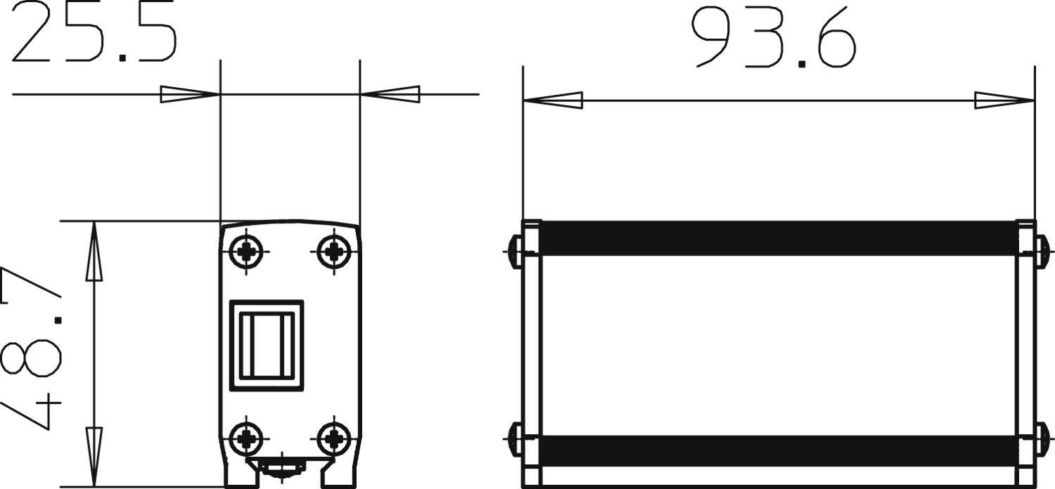 Teknisk ritning av en rektangulär komponent med dimensioner: bredd 25,5 mm, höjd 48,7 mm, längd 93,6 mm.