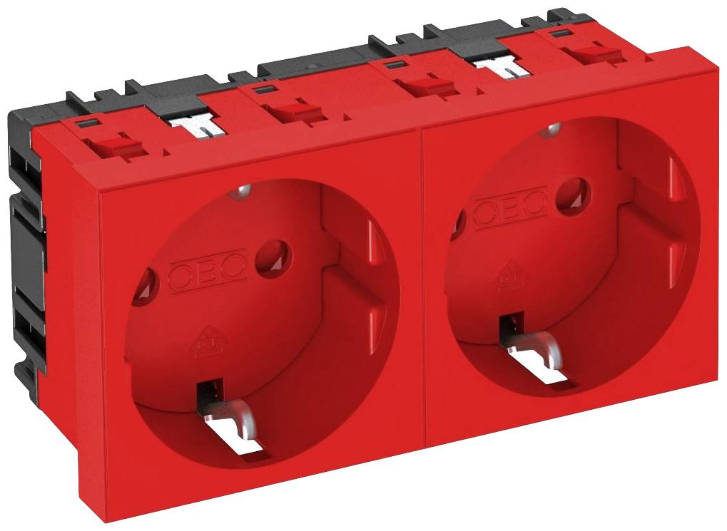Röd dubbel vägguttag, lämplig för användning i elektriska installationer. Den har två runda anslutningar för kontakter.