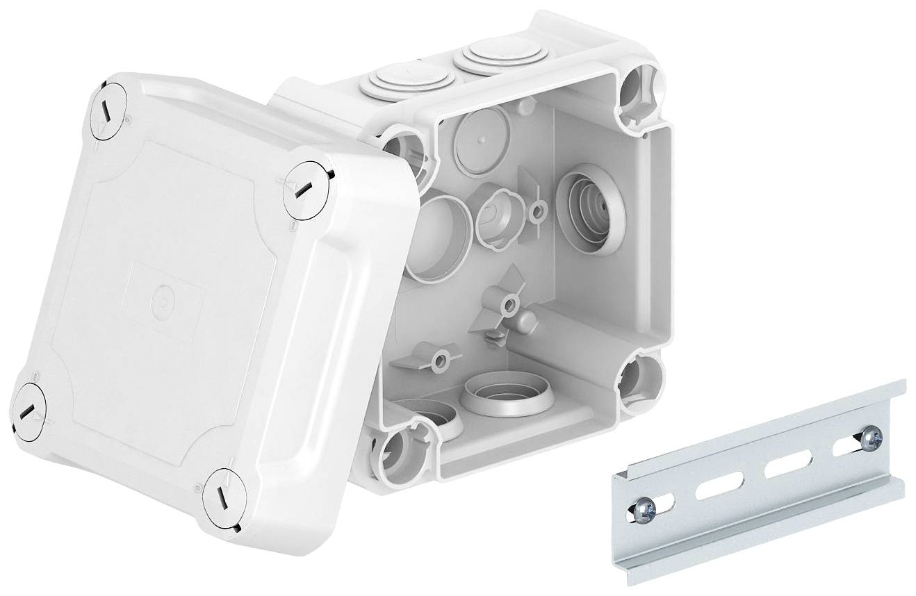 Vit plastfördelningsdosa med avtagbart lock, visad bredvid ett metallfäste. Lämplig för elektriska kabelanslutningar.