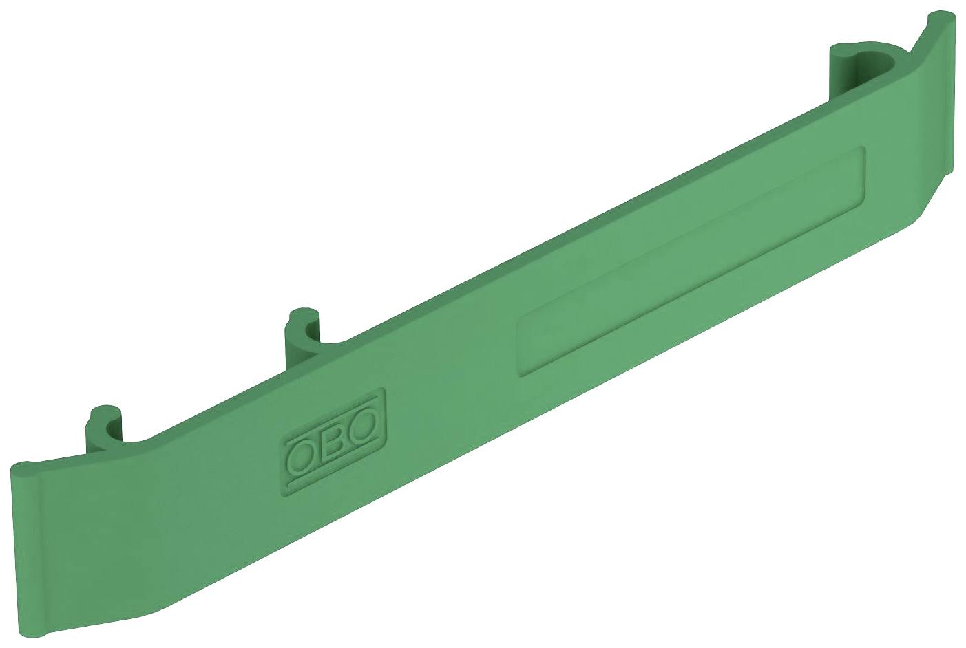 Grön plastbygel från OBO Bettermann för kabelhantering med inpräglad logotyp.