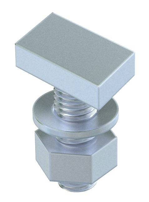 En silverfärgad skjutblock med gänga för ett T-spår i ett monteringssystem, visar en fyrkantig bult med sexkantmutter.