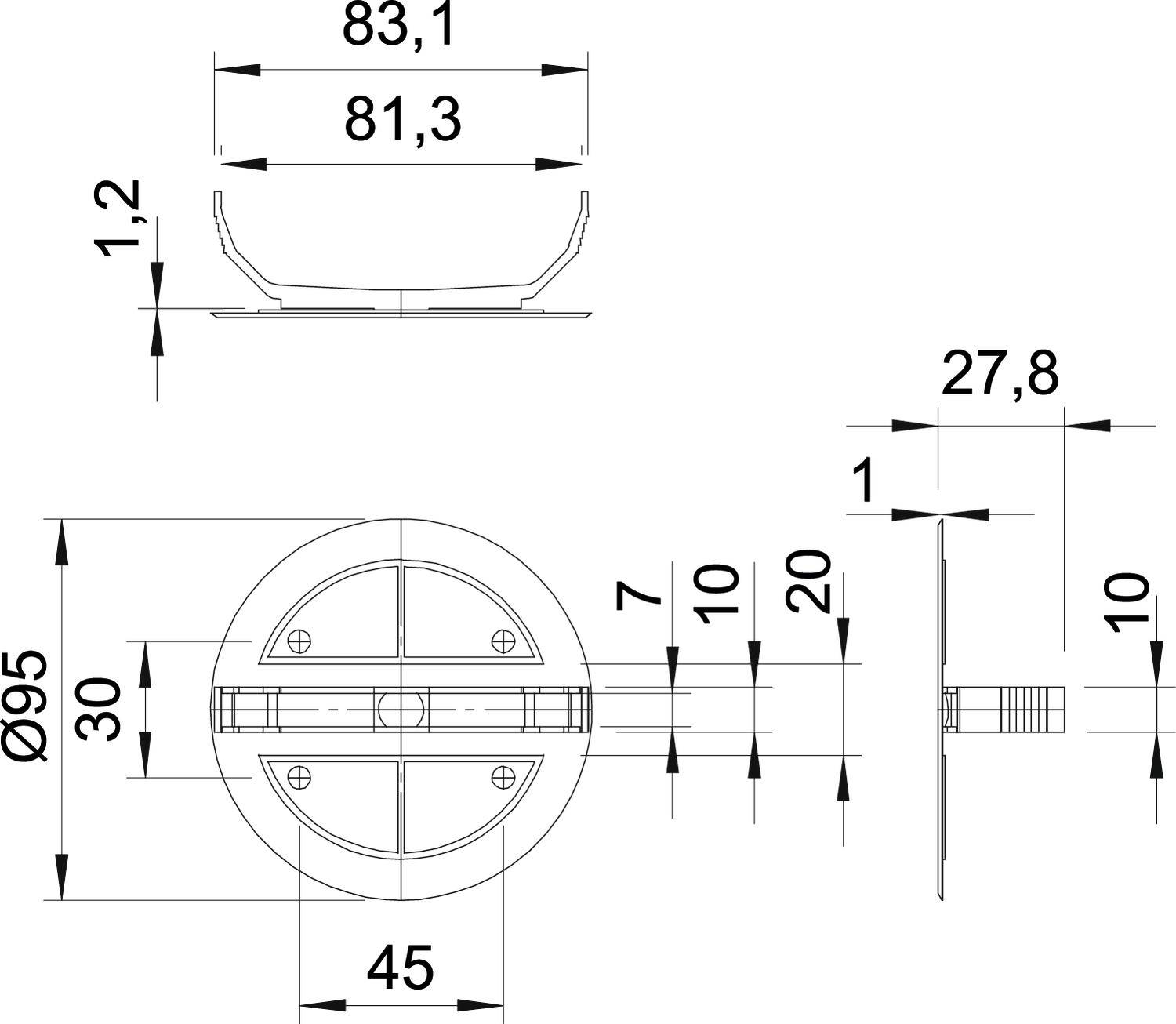 Teknisk ritning av en cirkelformad komponent med mått. Ovan: Diameter 95, bredd 83,1, höjd 1,2. Sido- och ovanifrånvy.