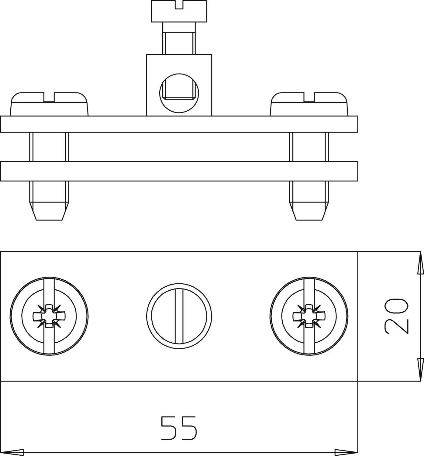 Teknisk ritning av en hållare med två skruvförband. Ovansida sidovy, nedansida ovanifrån. Mått: 55 x 20 mm.