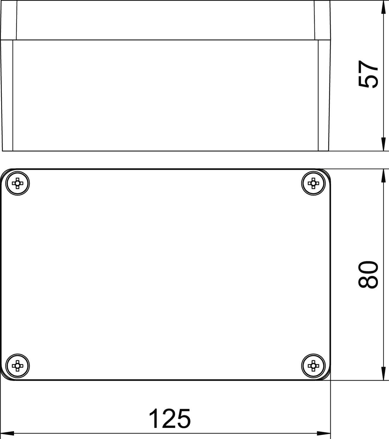 Teknisk ritning av en rektangulär låda med skruvar i hörnen. Mått: bredd 125 mm, höjd 80 mm, djup 57 mm.