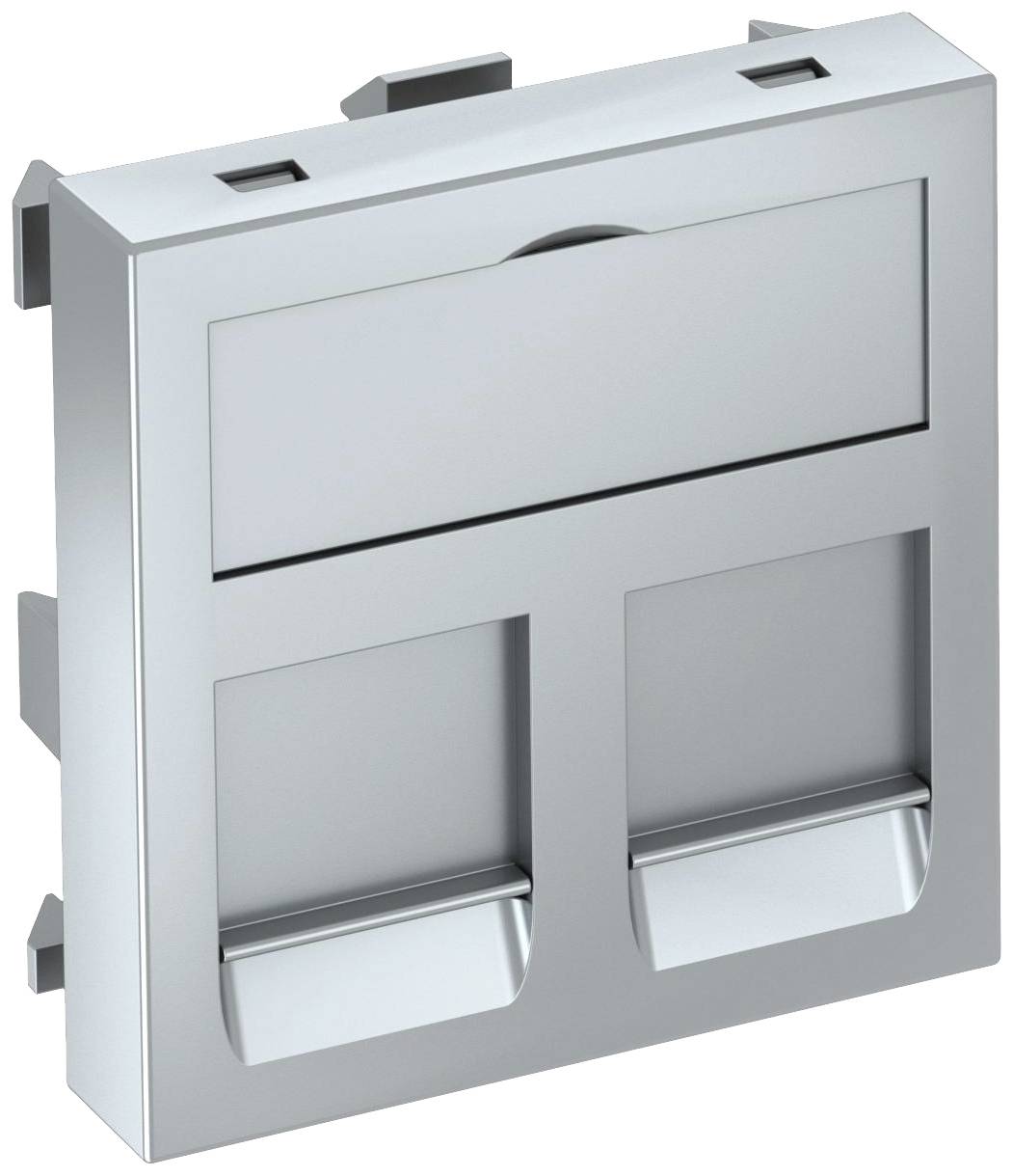En silverfärgad nätverksanslutningskontakt med två uttag och ett lock, monterad i en rektangulär ram.