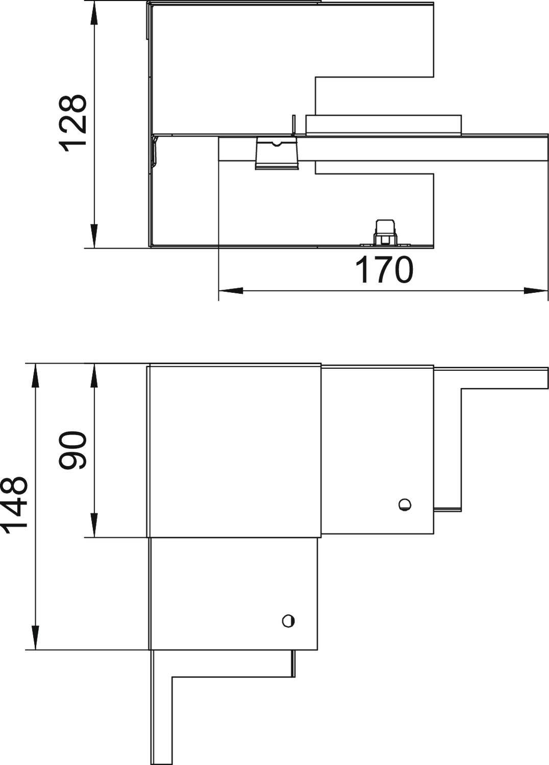 Teknisk ritning av en komponent med två vyer. Den övre vyn visar mått på 128 och 170, den undre vyn visar mått på 90 och 148.