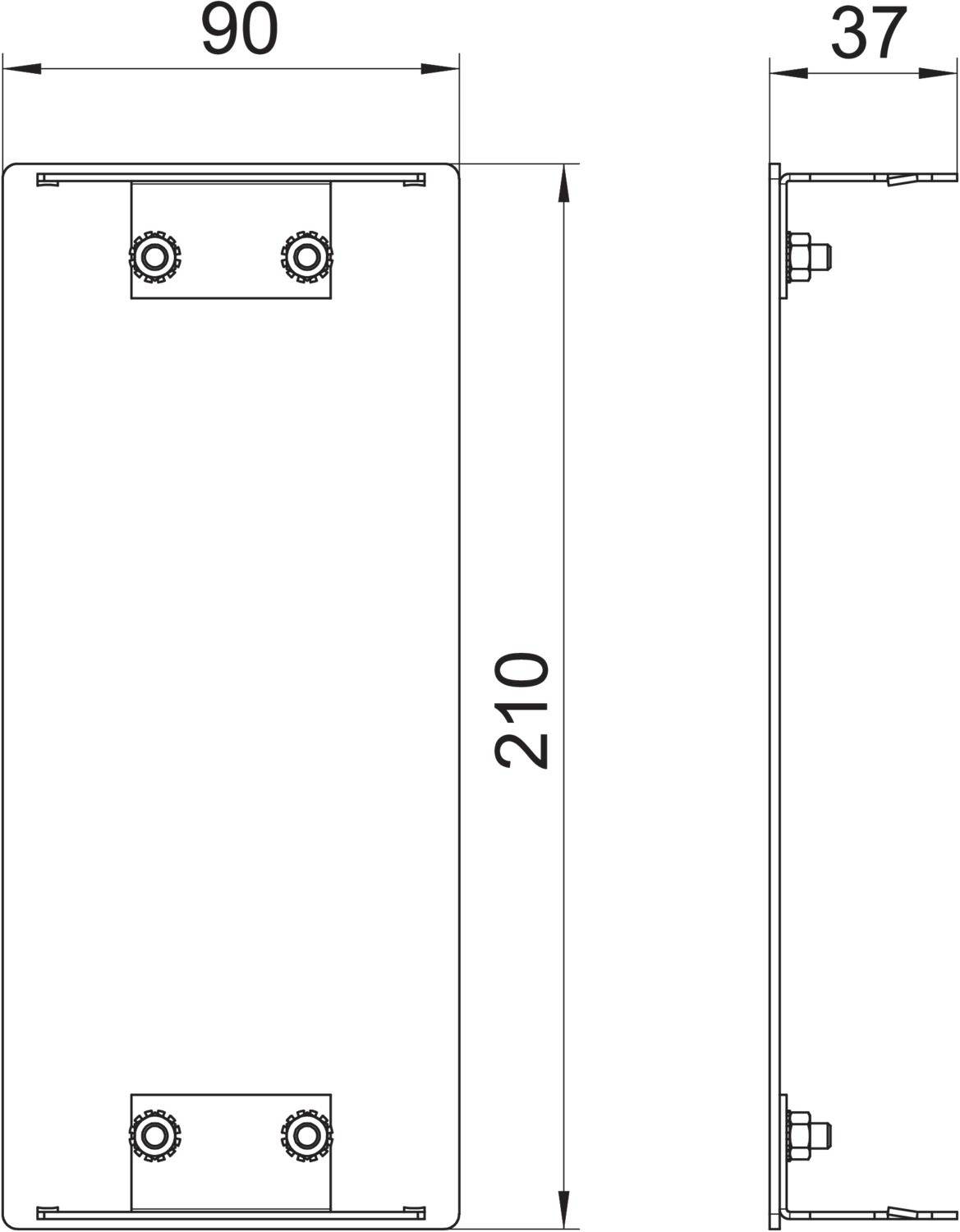 Teknisk ritning av ett rektangulärt objekt med dimensionerna 90x210x37 mm och skruvhål vid ändarna. Sido- och frontvy.