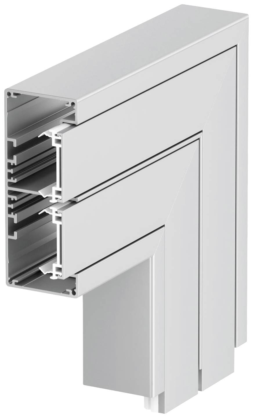 Profilsnitt av ett aluminiumfönster med detaljerade tvärsektioner. Visar struktur och material i närbild.
