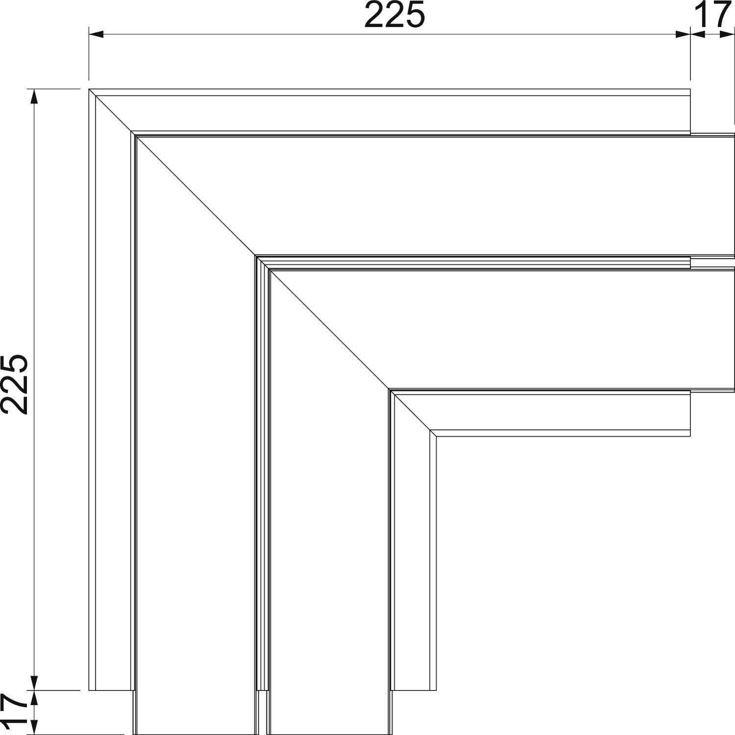 En teknisk ritning visar en rektangulär komponent med totala dimensioner på 225 x 225 mm och ett hörn på 17 x 17 mm.