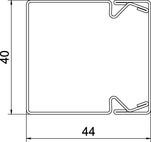 En teknisk ritning visar en kvadratisk profil med dimensioner: 40 mm höjd, 44 mm bredd.