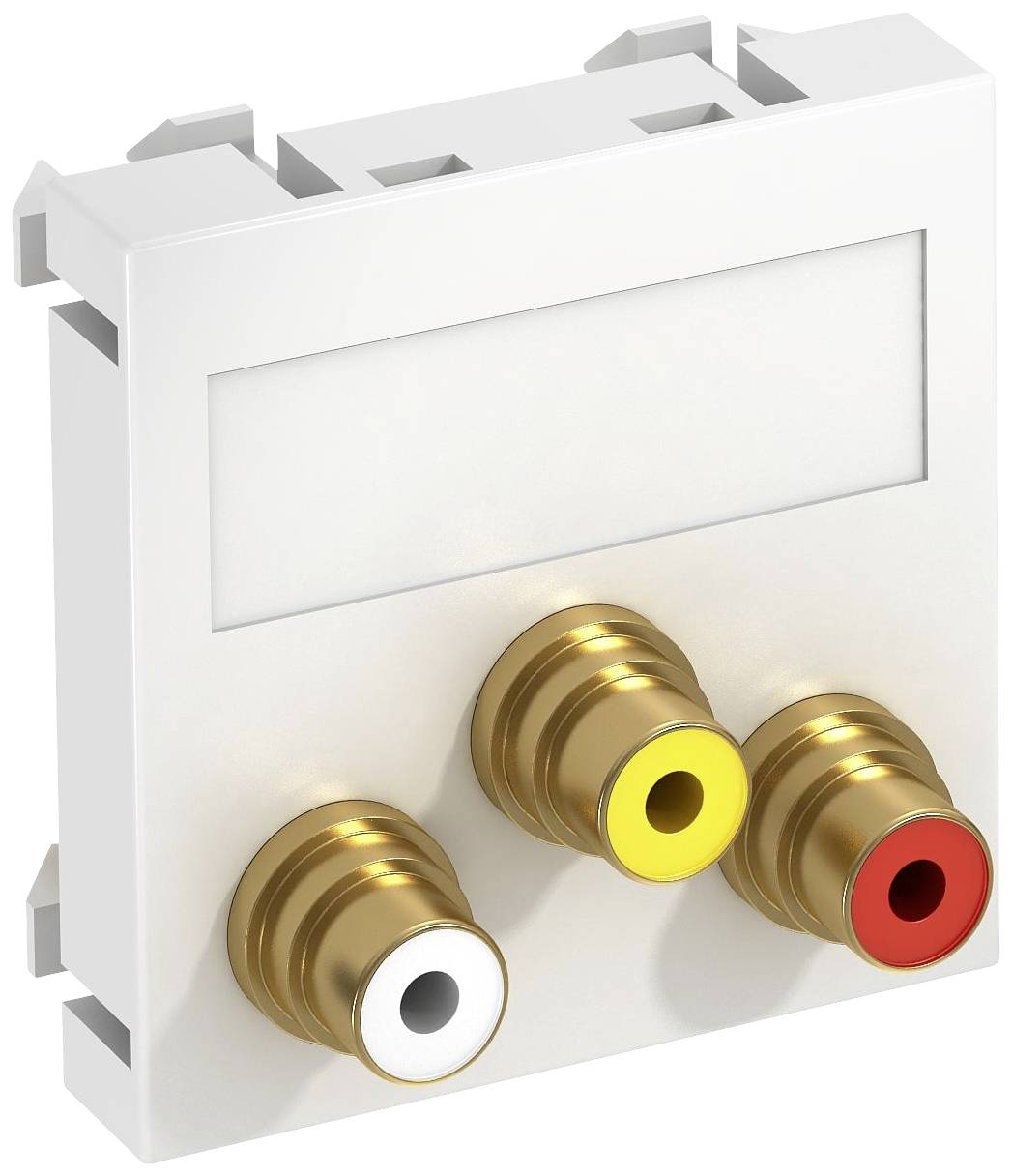 Vit anslutningsenhet med tre uttag: gul för video, vit för vänster audiokanal, röd för höger audiokanal.