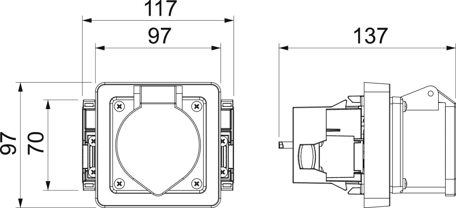 Teknisk ritning av ett elektriskt vägguttag med mått: bredd 117 mm, höjd 97 mm, djup 137 mm. Visar front- och sidovy.