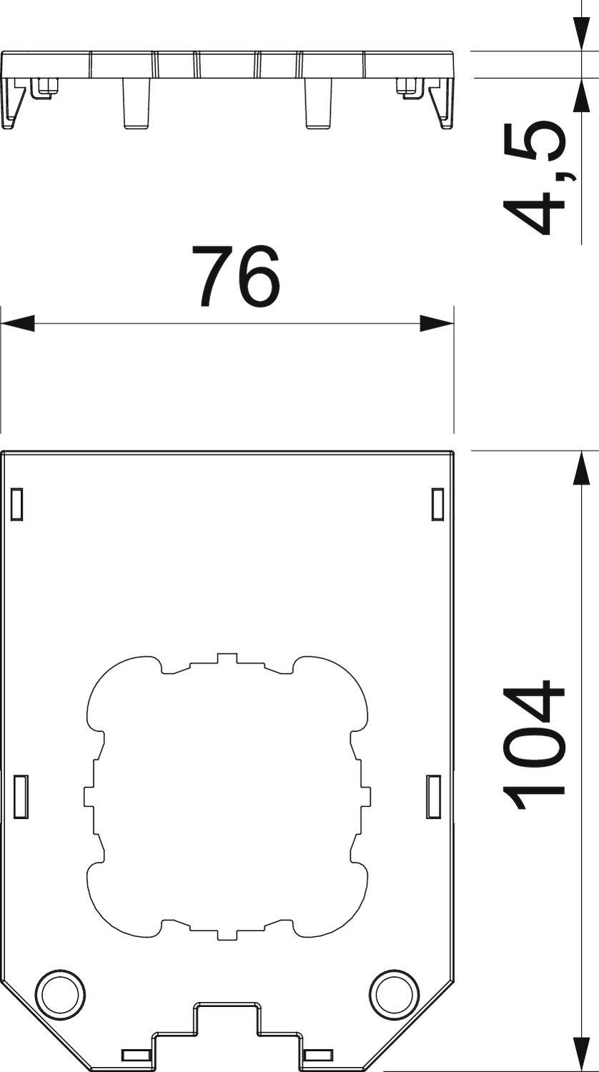 Teknisk ritning av en rektangulär komponent med dimensioner: bredd 76 mm, höjd 104 mm, djup 4,5 mm. Vy uppifrån och sidovy.