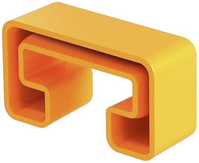 Ett abstrakt, orange 3D-objekt med svängda, rektangulära former som påminner om ett stiliserat möbelstycke.