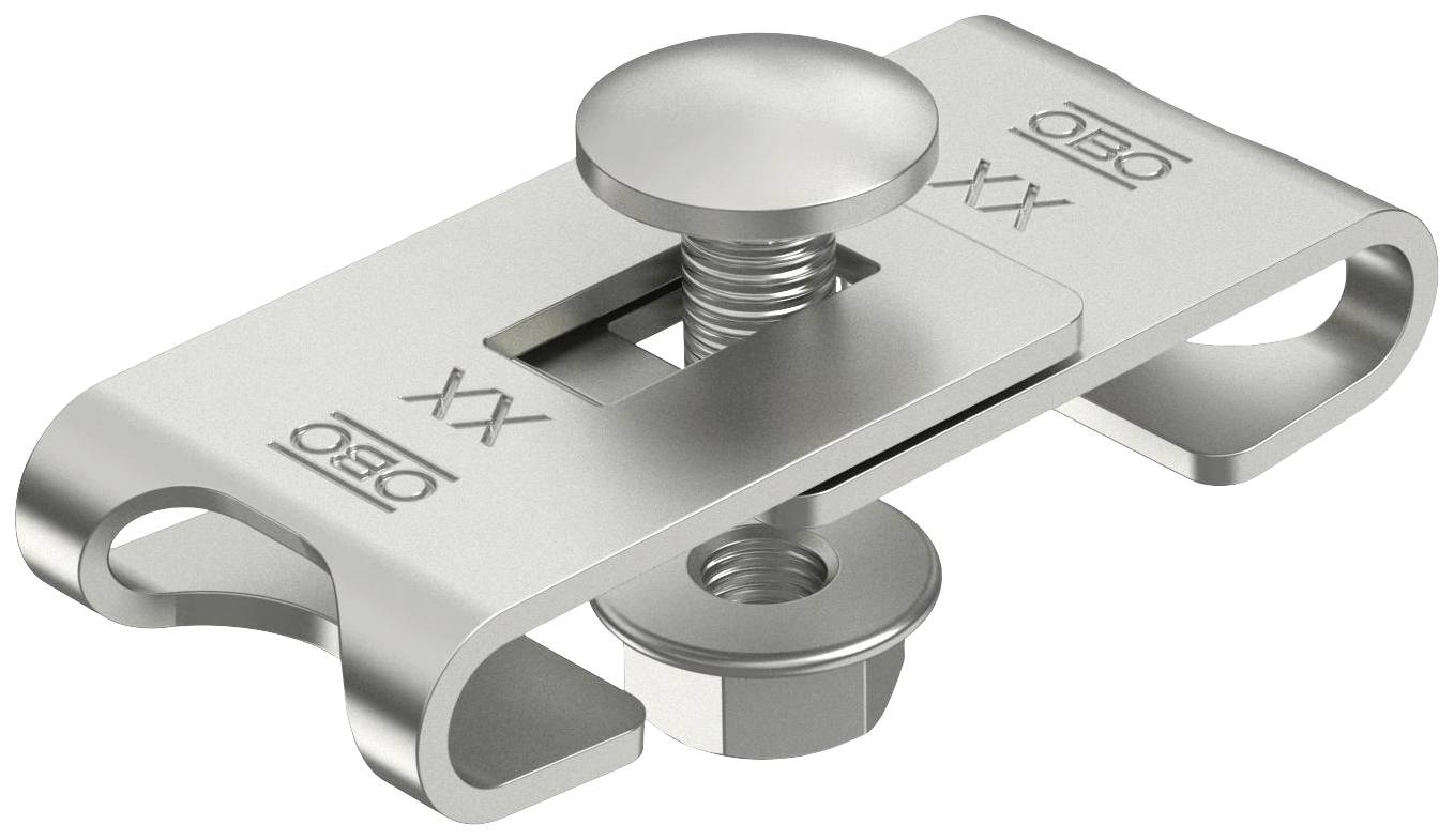 Metallklämma med skruvmekanism för kabelförankring. På metallen är bokstäverna 'XX' och logotypen 'OBO' ingraverade.