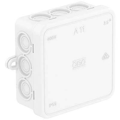 Vit elektrisk apparatdosa med avtagbar lock, flera kabelingångar på sidorna. Märkt med 'OBO', '400V', 'IP55'.