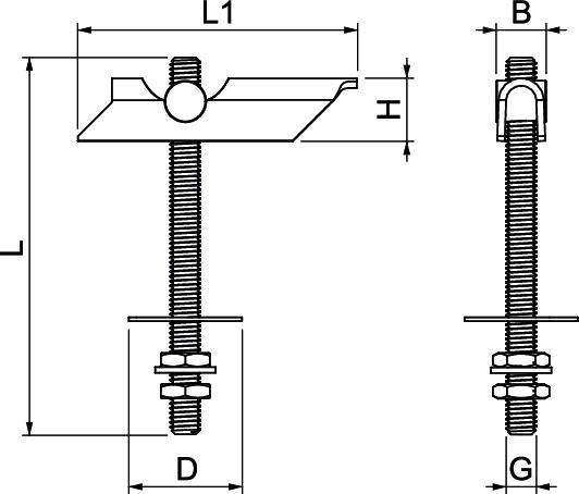 Teknisk ritning av en skruvförbindning med mått: Total bredd (B), längd (L, L1), höjd (H), diameter (D), gängdiameter (G). Skruv med muttrar.