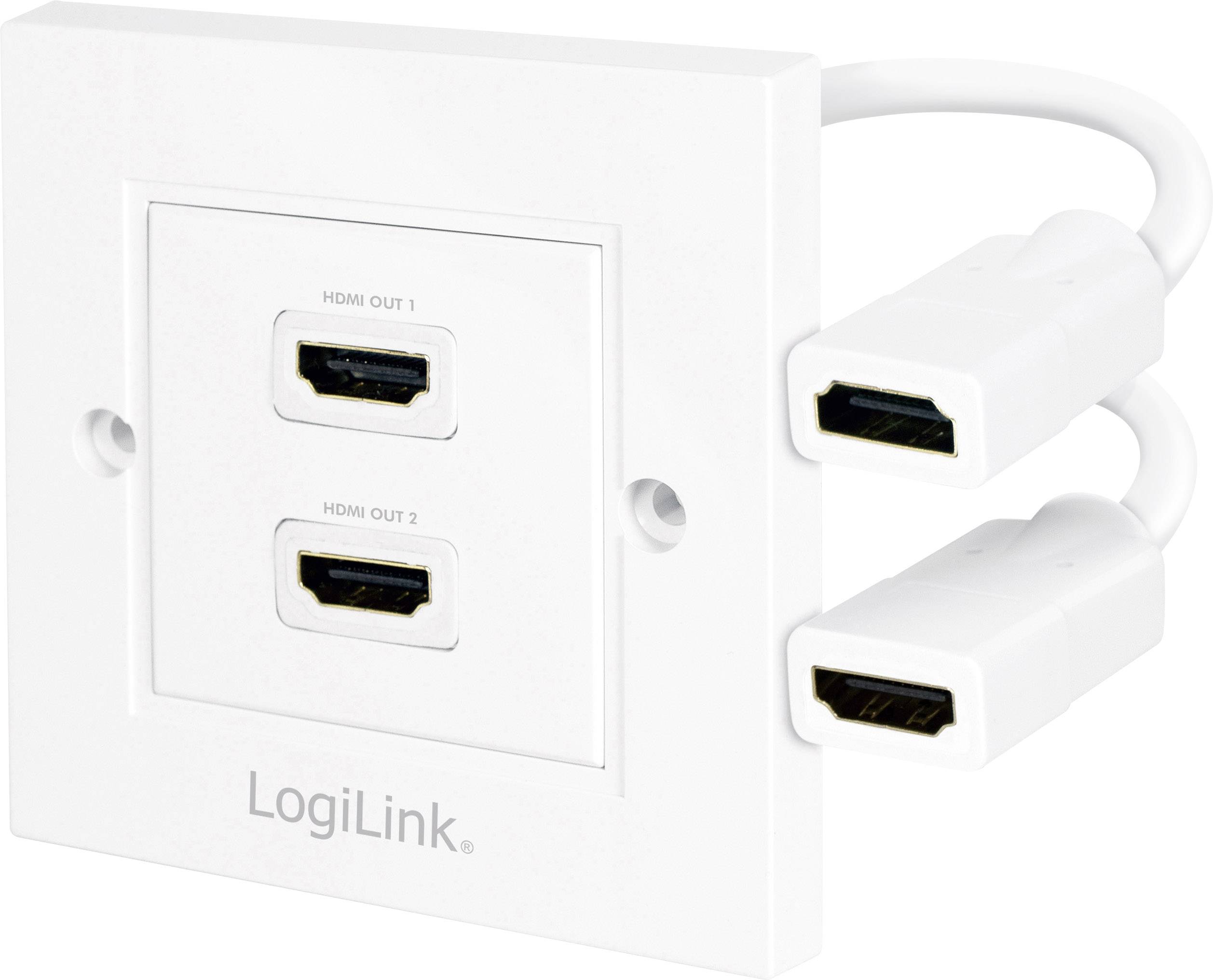 Vit HDMI-vägguttag med två kontakter 'HDMI OUT 1' och 'HDMI OUT 2', två anslutna kablar på höger sida.