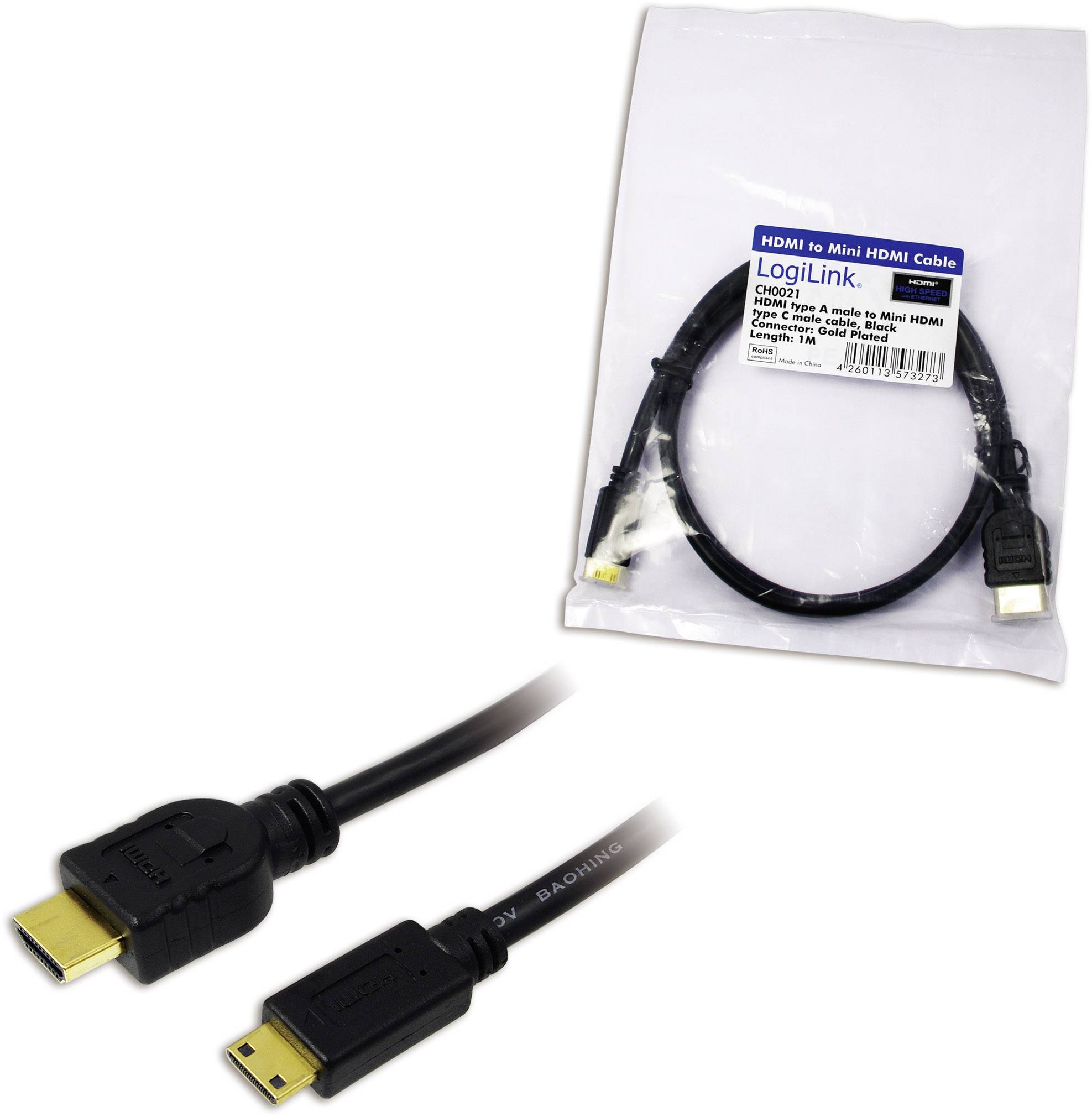 HDMI till Mini-HDMI-kabel, 1 meter, svart. Förpackning märkt 'LogiLink', modell CH0021, stöder upp till 1080p.