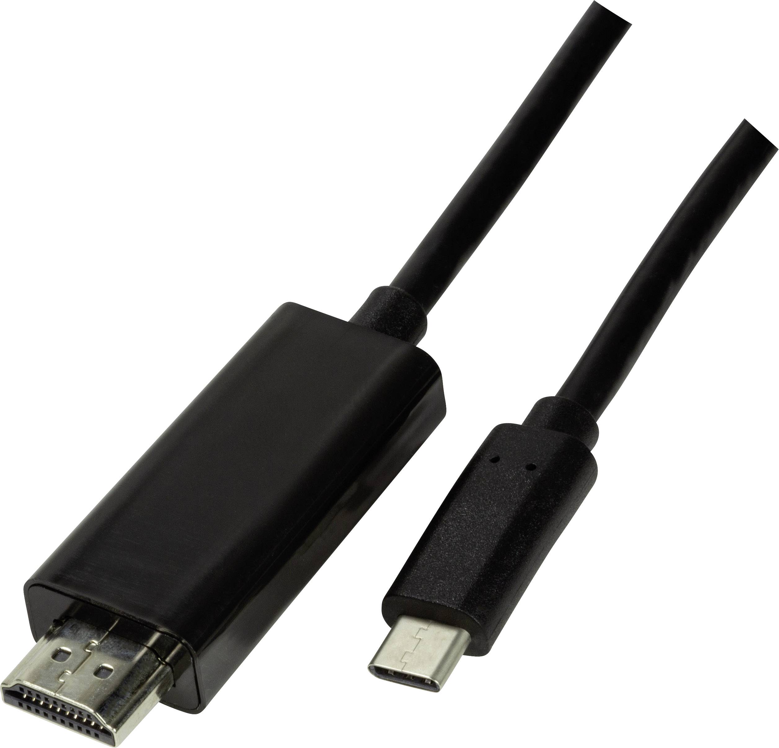 Svart HDMI-till-USB-C-kabel, med HDMI-kontakt till vänster och USB-C-kontakt till höger.