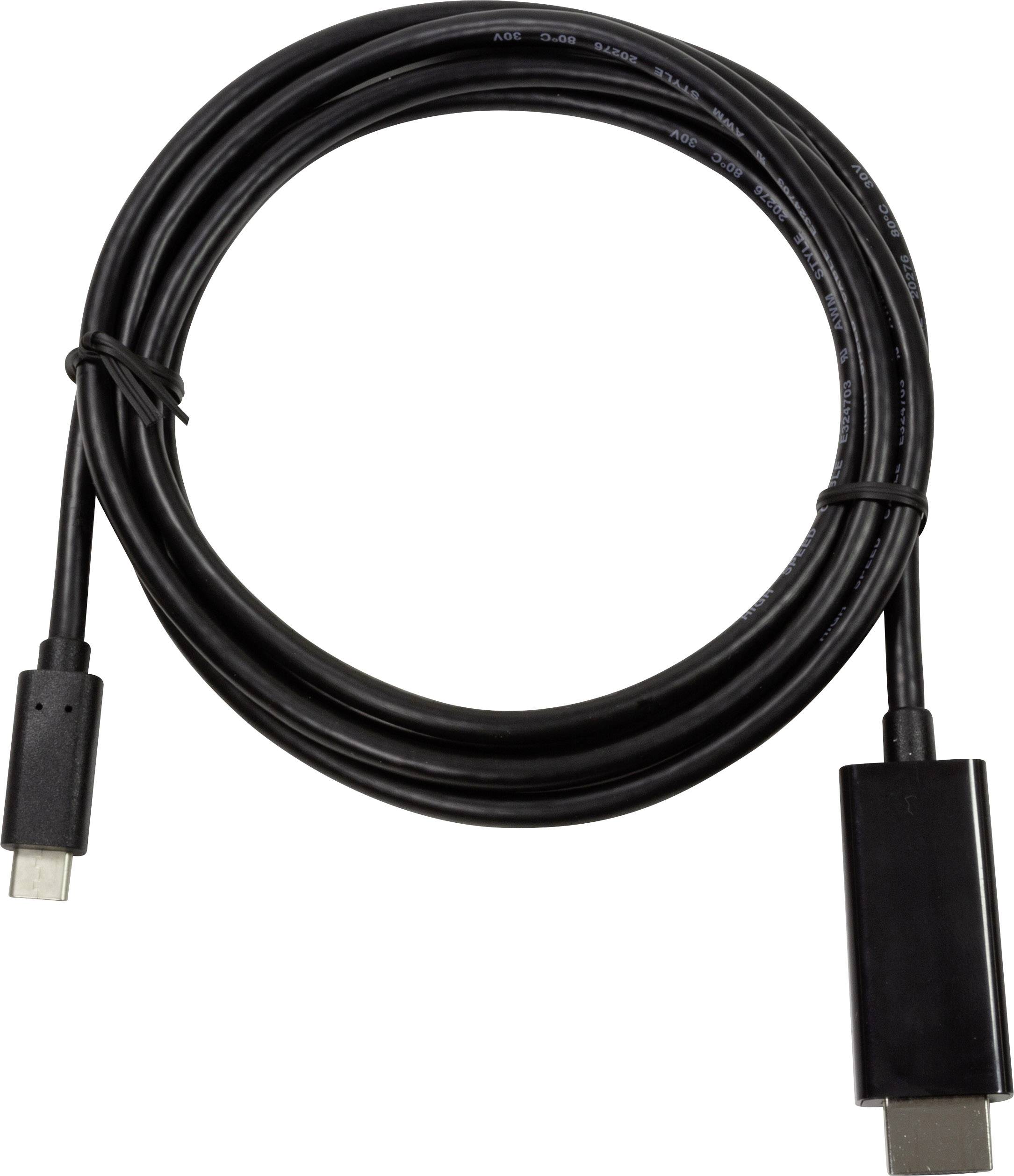 En svart USB-C till HDMI-kabel på vit bakgrund, lämplig för att ansluta enheter som bärbara datorer till HDMI-kompatibla skärmar.