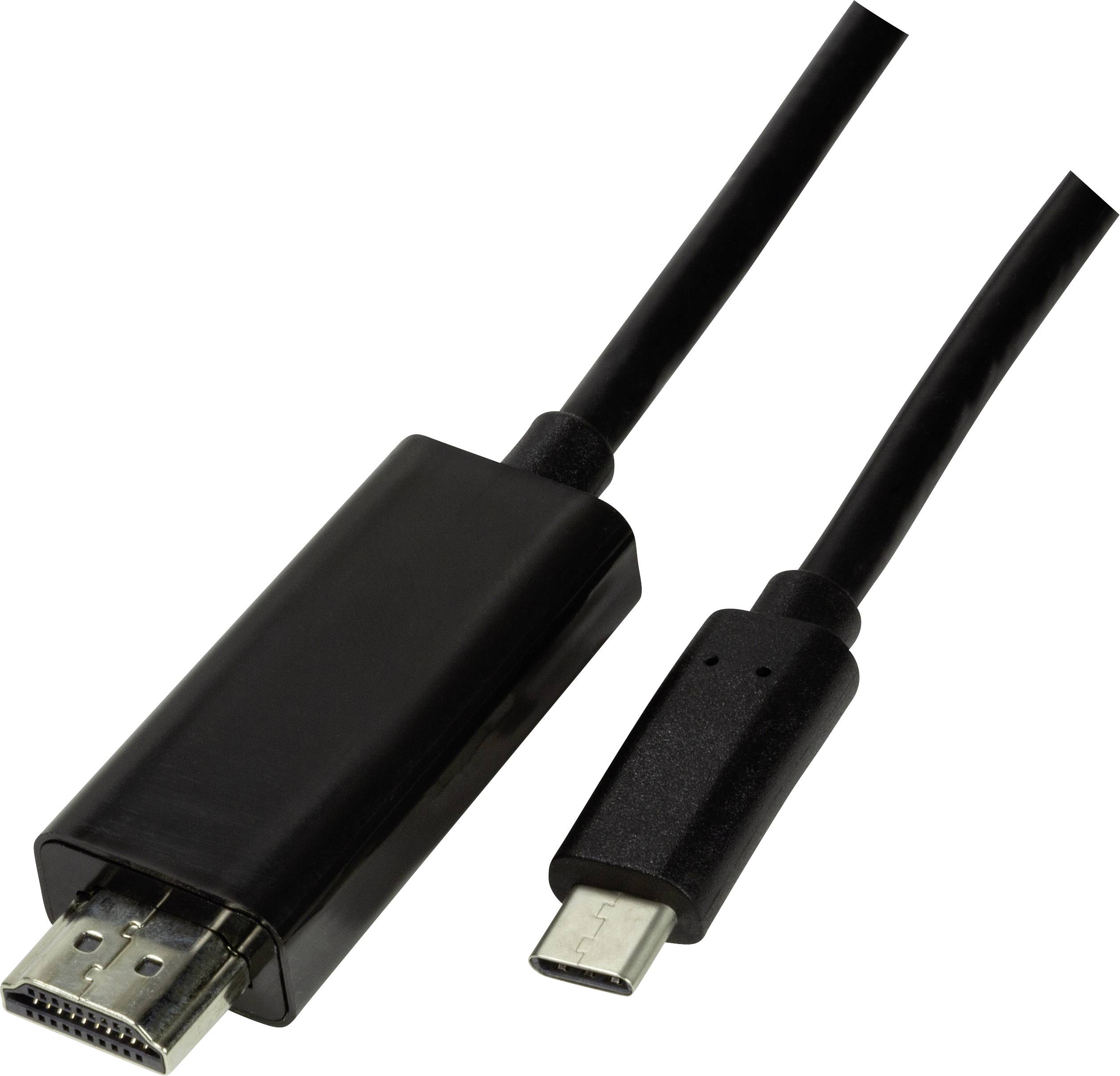 En svart kabel med HDMI-kontakt på vänster sida och USB-C-kontakt på höger sida, för anslutning av enheter.