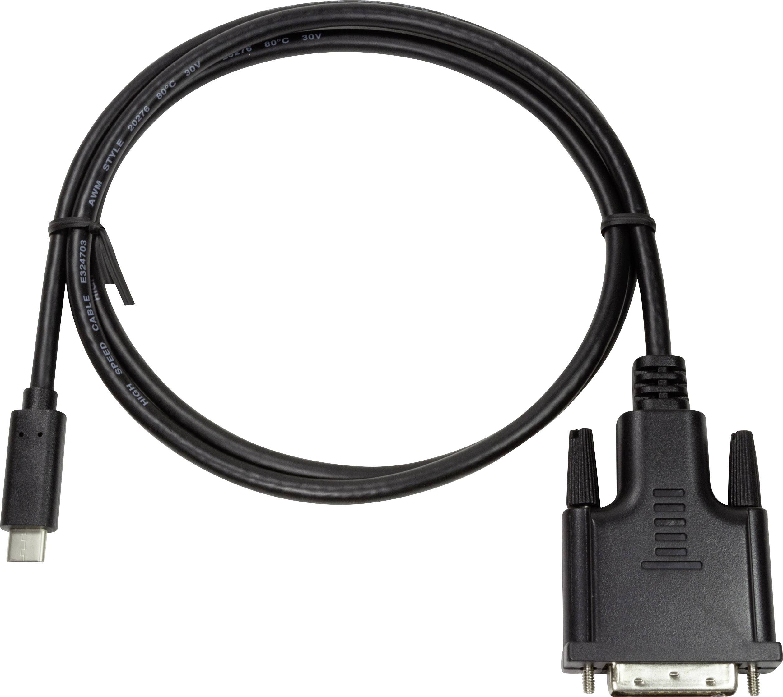 En svart kabel med USB-C-kontakt på vänster sida och VGA-kontakt på höger sida, lämplig för anslutning av enheter.