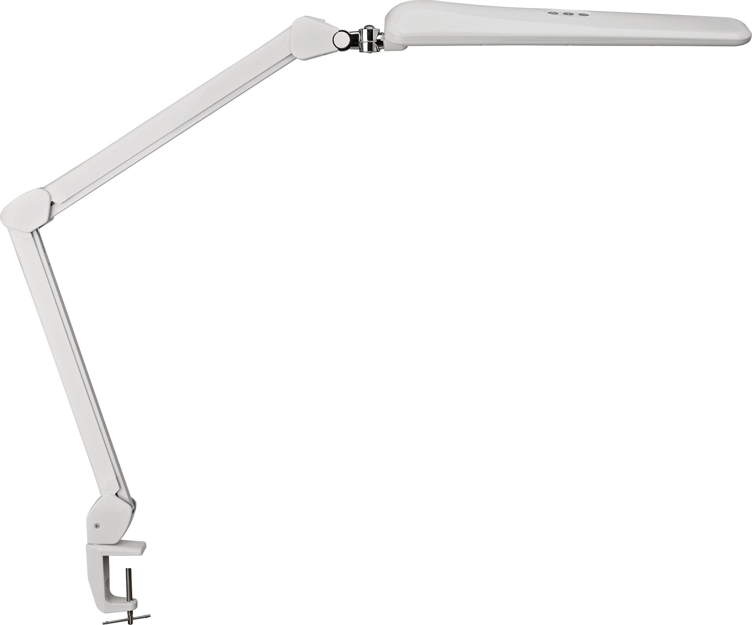 Vit skrivbordslampa med justerbar arm, fäst vid bordskanten. Funktionell modern design för belysning.