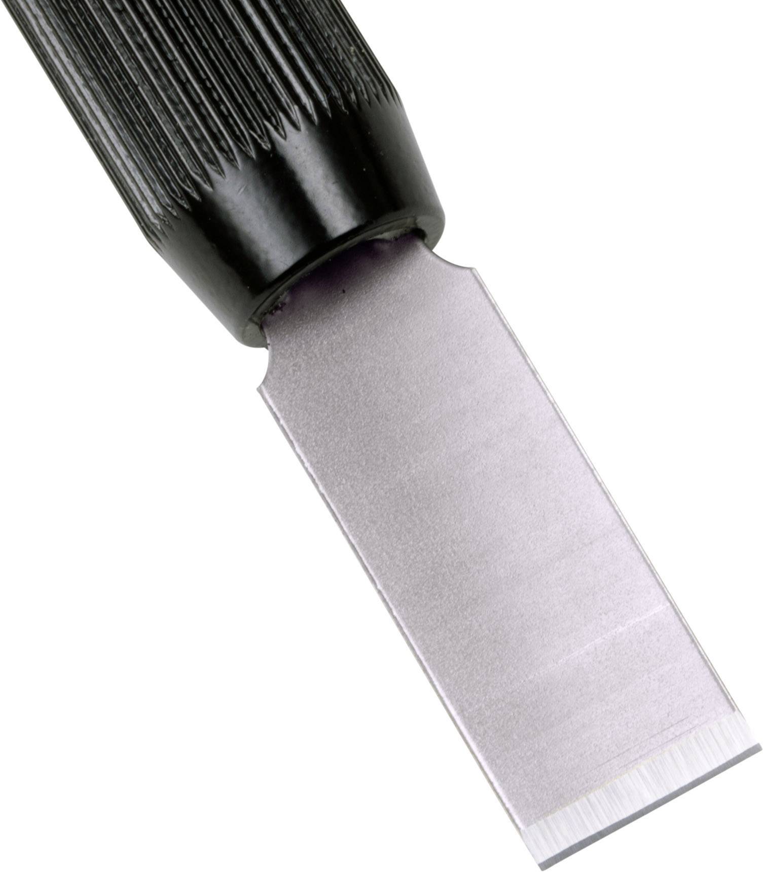 En platt skruvmejsel med svart handtag och silverfärgat blad.