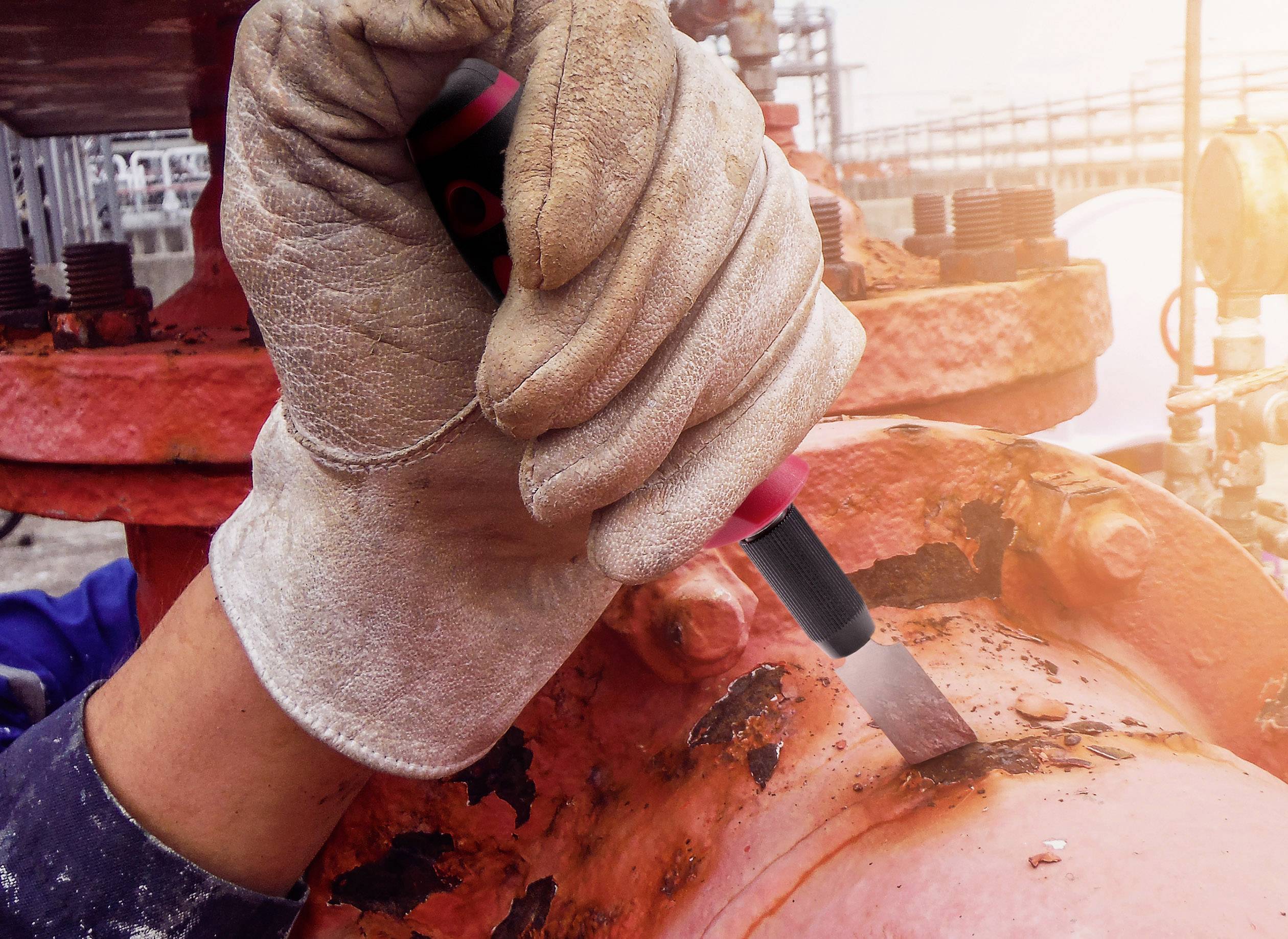 En hand i arbetshandskar håller ett verktyg och avlägsnar rost från ett stort industriellt rör med flagnad röd färg.