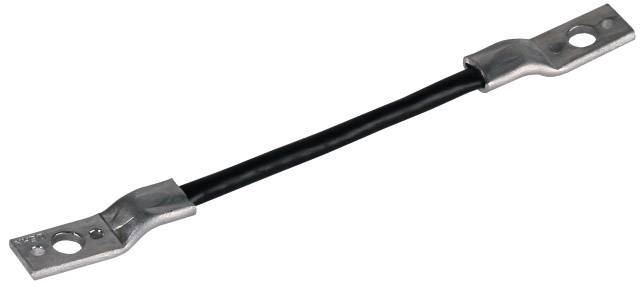 Svart batterikabel med två metallöglor i ändarna, lämplig för anslutning till batteripolar för strömöverföring.