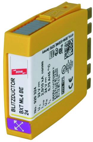 Gult blixskyddsmodul med påskriften 'BLITZDUCTOR', modell BXT ML4 BE, tekniska specifikationer och CE-märkning synliga.