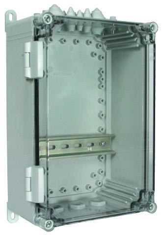 En tom, transparent plastfördelningslåda med gångjärn och kabelingångar på ovansidan, lämplig för elinstallationer.